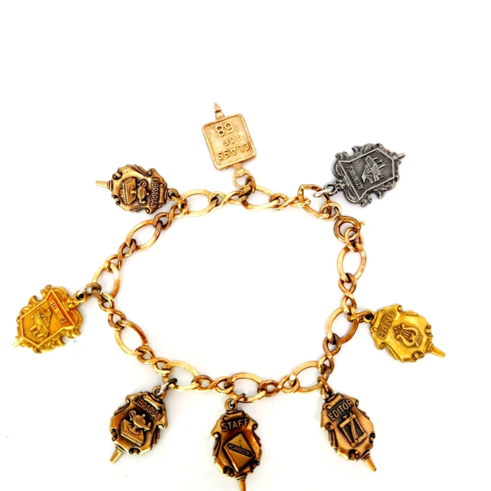 Vintage 1/20 12KT Yellow Gold Filled Link Academic Charm Bracelet Award School